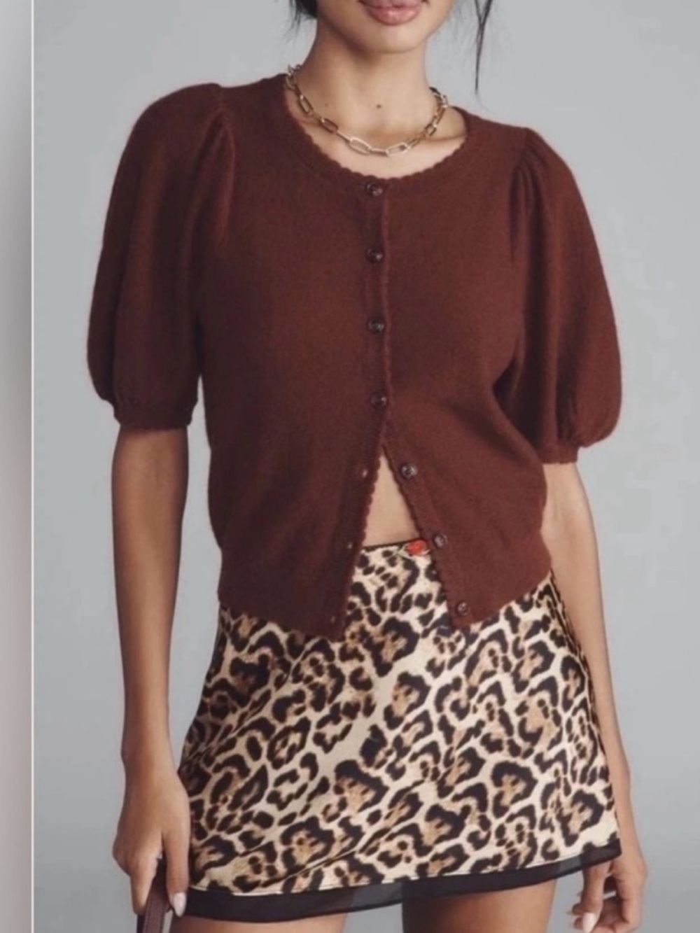 Anthropologie Maeve 100% Cashmere Puff Sleeve Cardigan Brown Size S